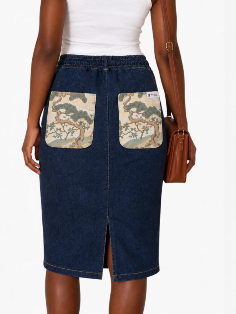 Enysafar Navy Denim Pencil Skirt with tapestry Pockets
